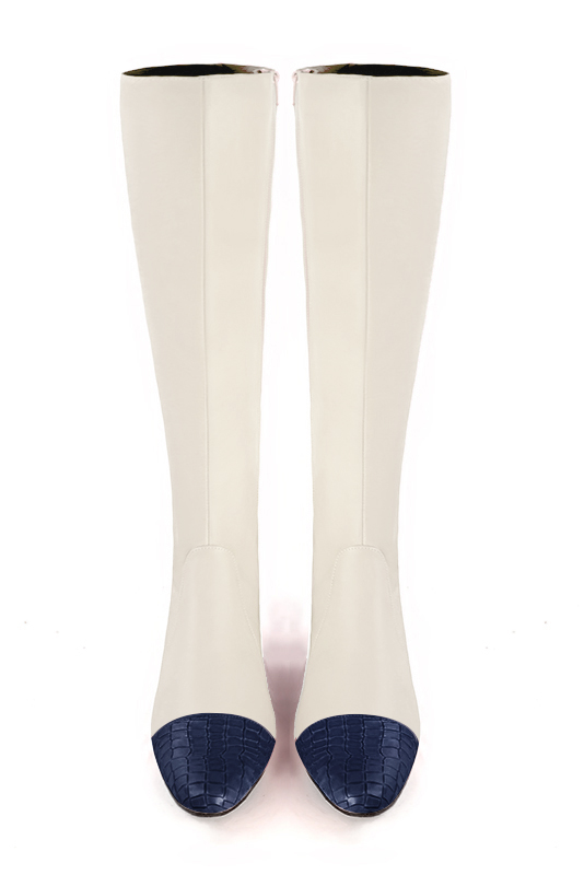 Navy blue and off white women's feminine knee-high boots. Round toe. Low flare heels. Made to measure. Top view - Florence KOOIJMAN